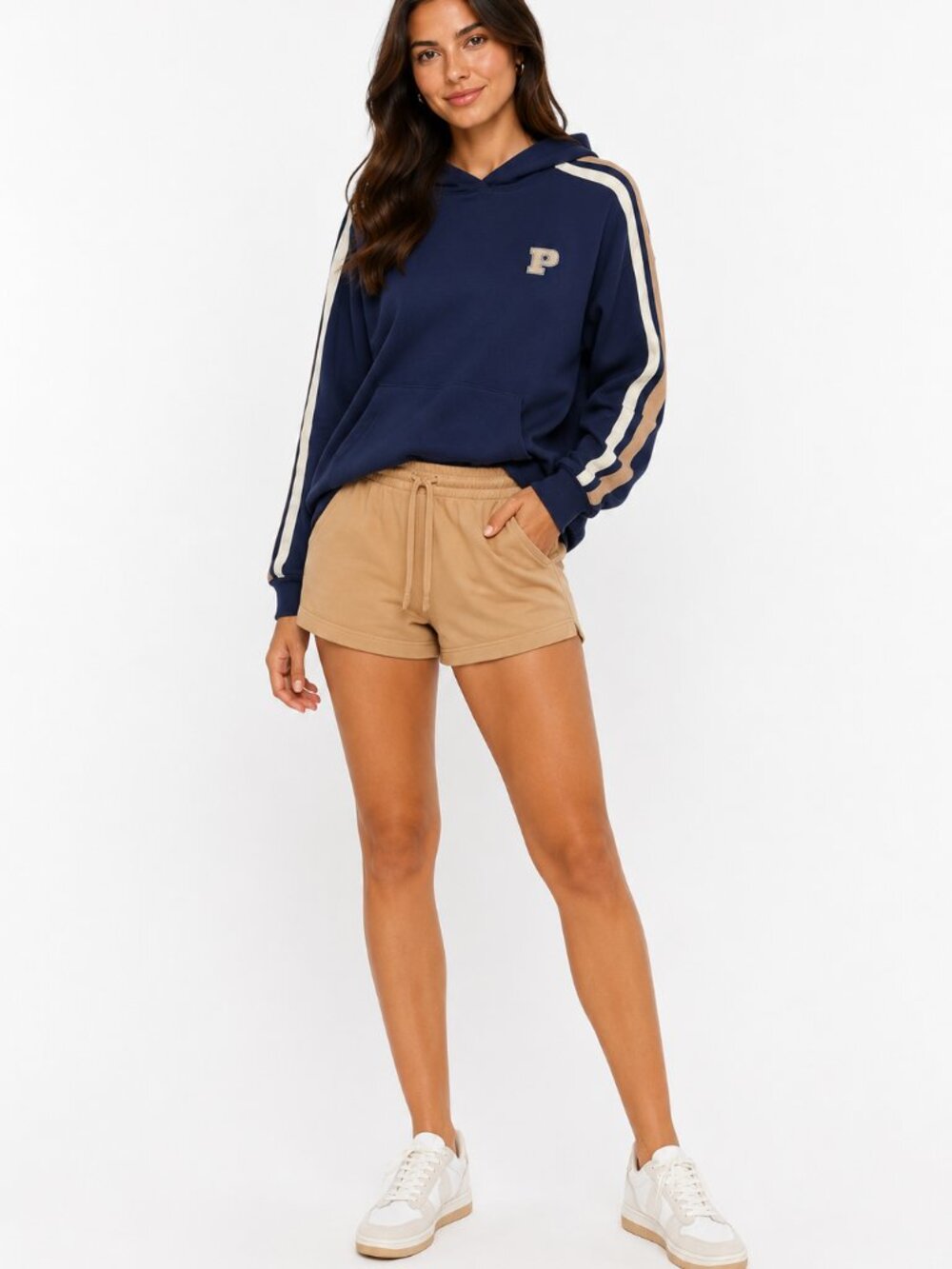 Victoria’s Secret Pink Midnight Navy Tan & Ecru Stripes Hooded Pullover Sz Small